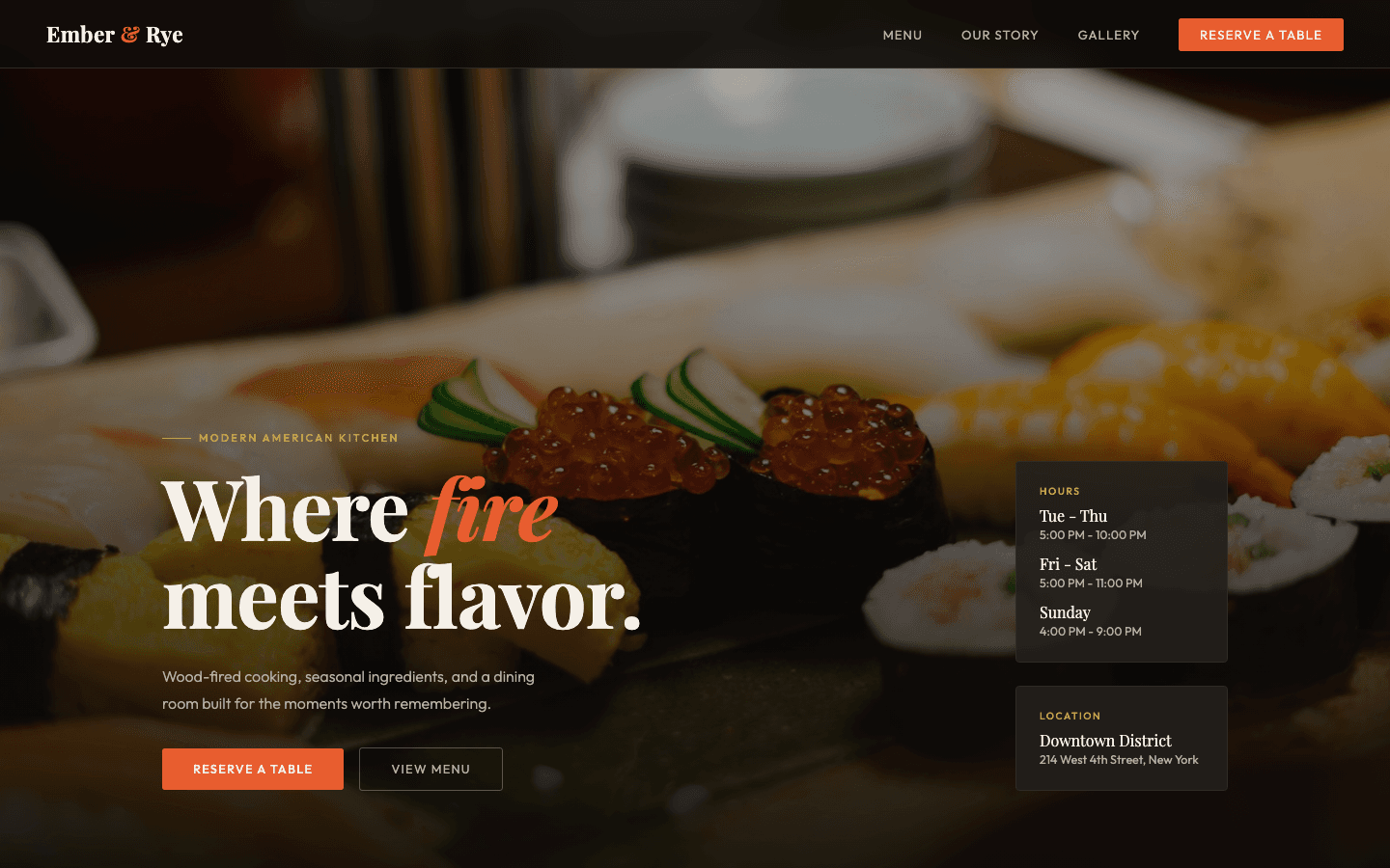 Ember & Rye restaurant website built by Muthu Creatives, with a dark photography-led hero and a reservation call to action