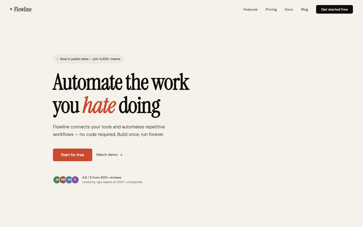 Flowline SaaS landing page hero built by Muthu Creatives, with a bold serif headline, a single call to action and review proof