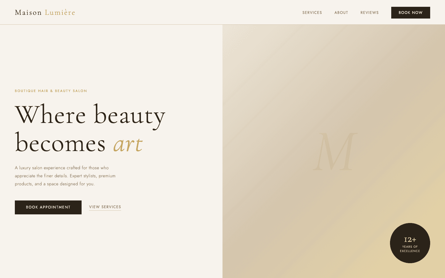 Maison Lumière salon website built by Muthu Creatives, with an elegant serif hero and booking call to action next to salon photography