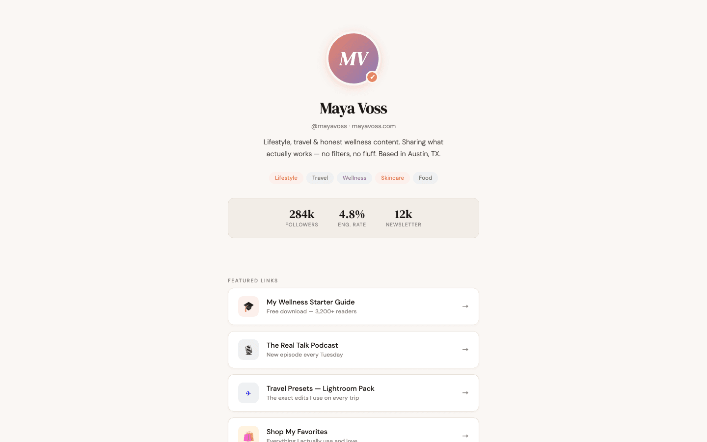 Maya Voss link-in-bio page built by Muthu Creatives, showing a branded profile with featured links and audience stats